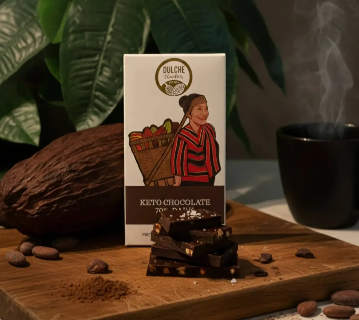 Dulche Keto Chocolate 70% Dark with cacao pods and a steaming cup