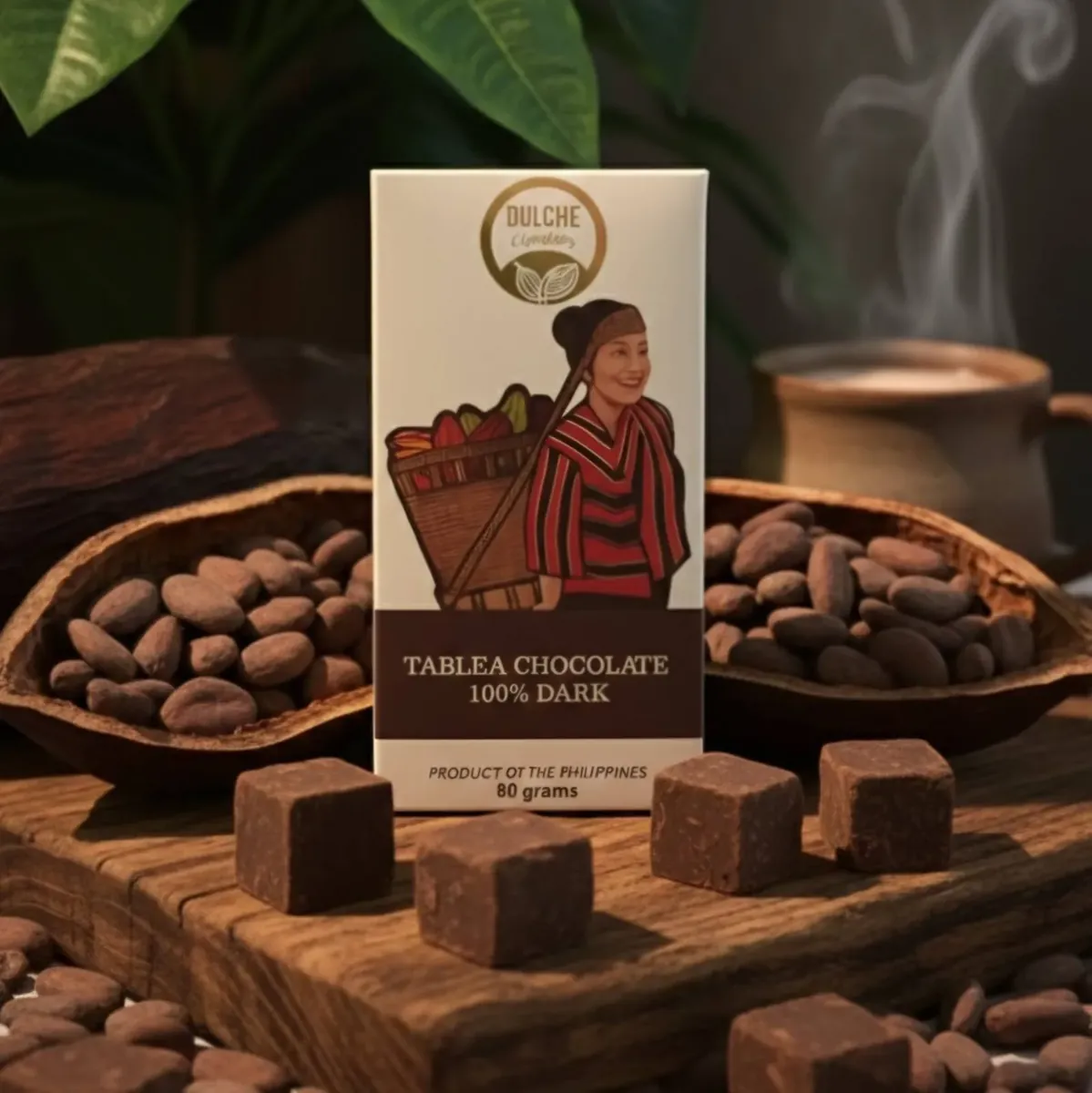 Tablea Chocolate 100% Dark among cacao beans